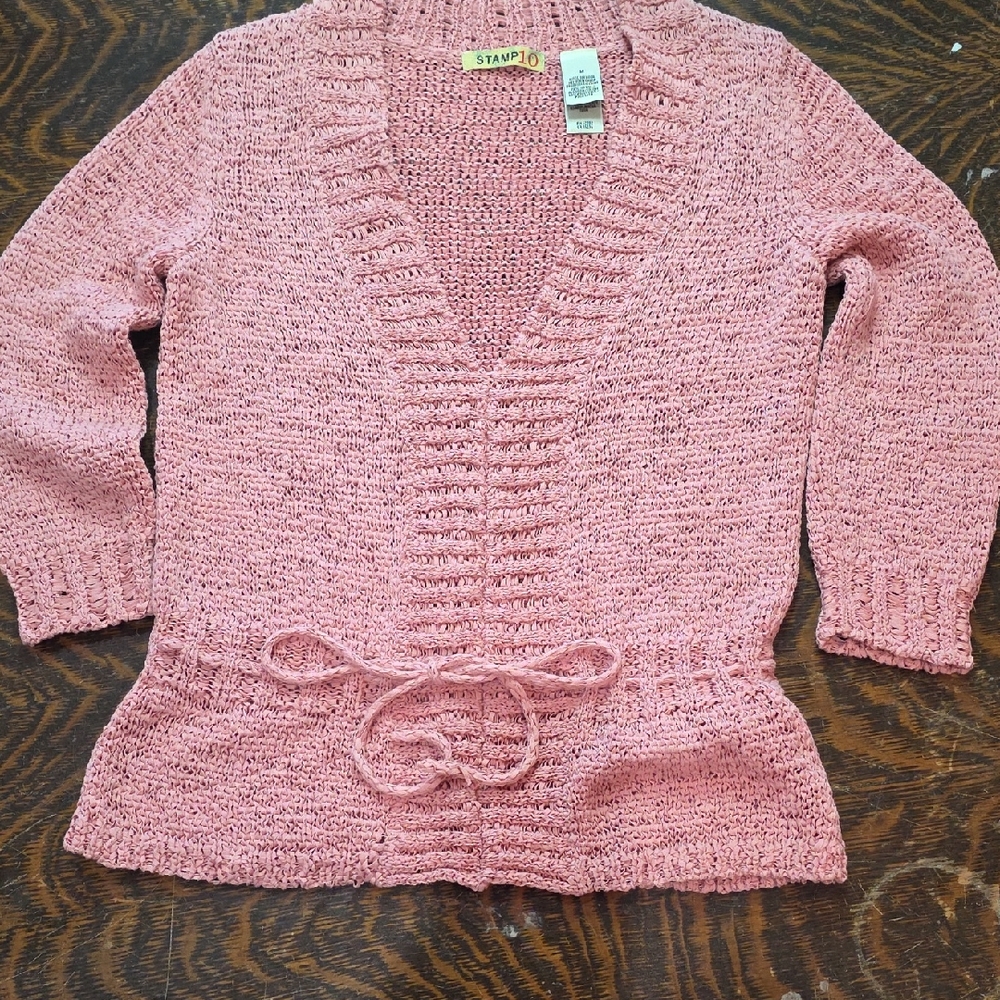 Stamp 10 Pink/Salmon Knit Lightweight V Neck Sweater Pulloverwith Tie Waist